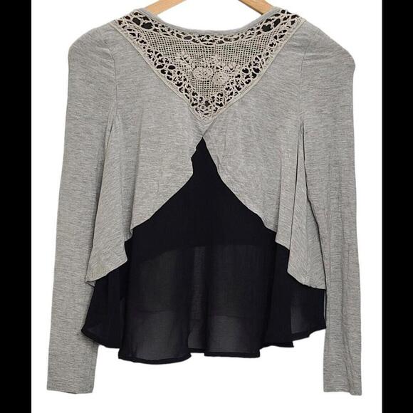 Ella Moss Gray & Black Layered Hem Split Back Crochet Top Girls Size 12 - Picture 2 of 6